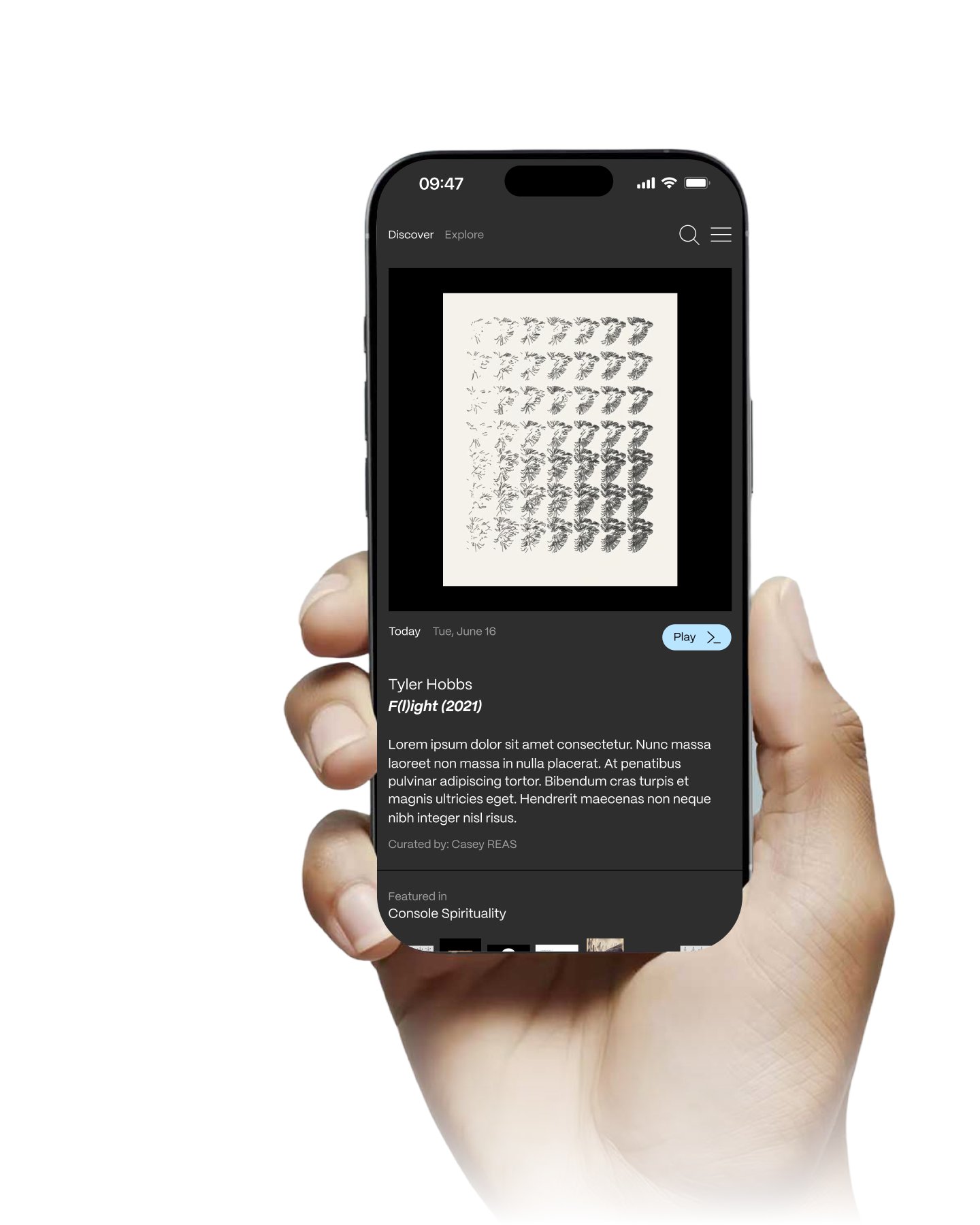 The Feral File app on a phone, showing the day's work and Play